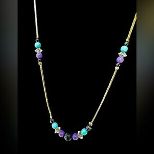 Vintage 70's Korea Gold Plated Boston Link 17" Necklace Multcolor Beads Crystals